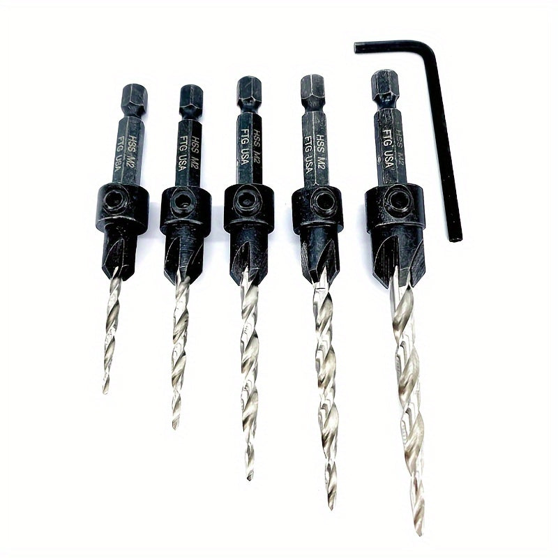 5pcs Countersink Drill Bit Set #4 #6 #8 #10 #12 Tapered with 1/4" Hex Shank Quick-Change for Entryways, Bedrooms and Living Spaces