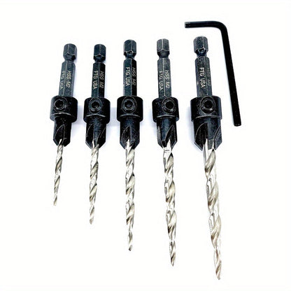 5pcs Countersink Drill Bit Set #4 #6 #8 #10 #12 Tapered with 1/4" Hex Shank Quick-Change for Entryways, Bedrooms and Living Spaces