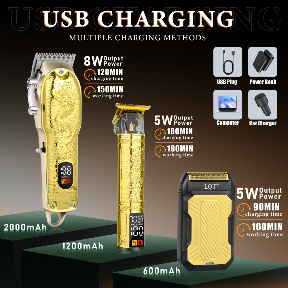Hair Clippers & Trimmers LQT Golden Dragon Three-Piece Set with LCD Displays, USB Cables and Gift Box