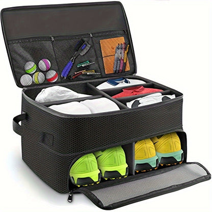 Golf Organizer Storage Box with Compartments and Mesh Pockets Durable Golf Accessory Case for Golf Balls Shoes Gloves Tees and Essentials