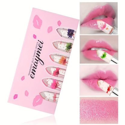 Lipstick Set, emaymei 6-Piece Transparent Flower-Core Jelly Collection in Ornate Pink Cases