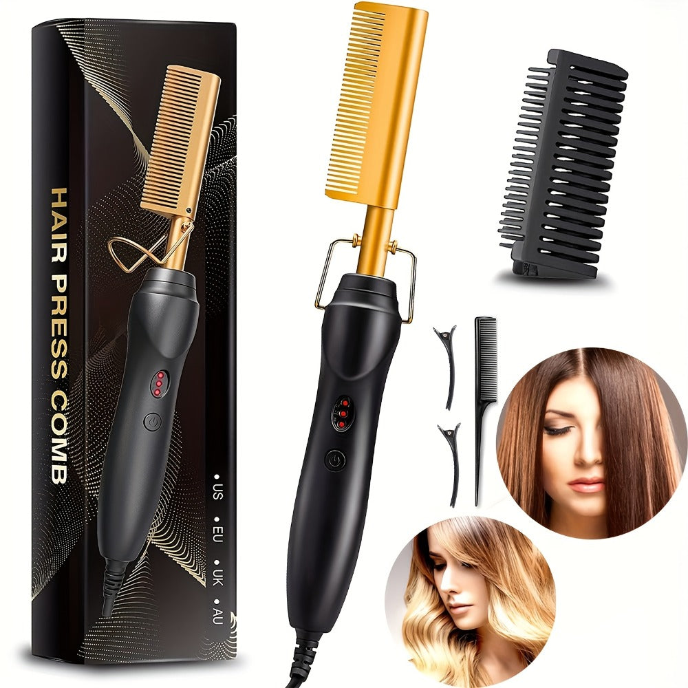 Electric Press-Comb Hair Straightener in Pink, Gold, Black, Gradient or Avocado Green with Corded Handle