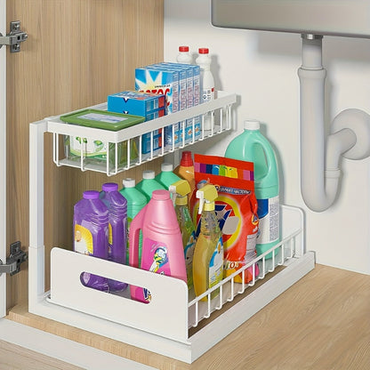 L-Shaped Pull-Out Cabinet Organizer with 14.4 x 10.6 x 11 Inch Frame, 7 Inch Pipe Clearance and 1- or 2-Piece Options