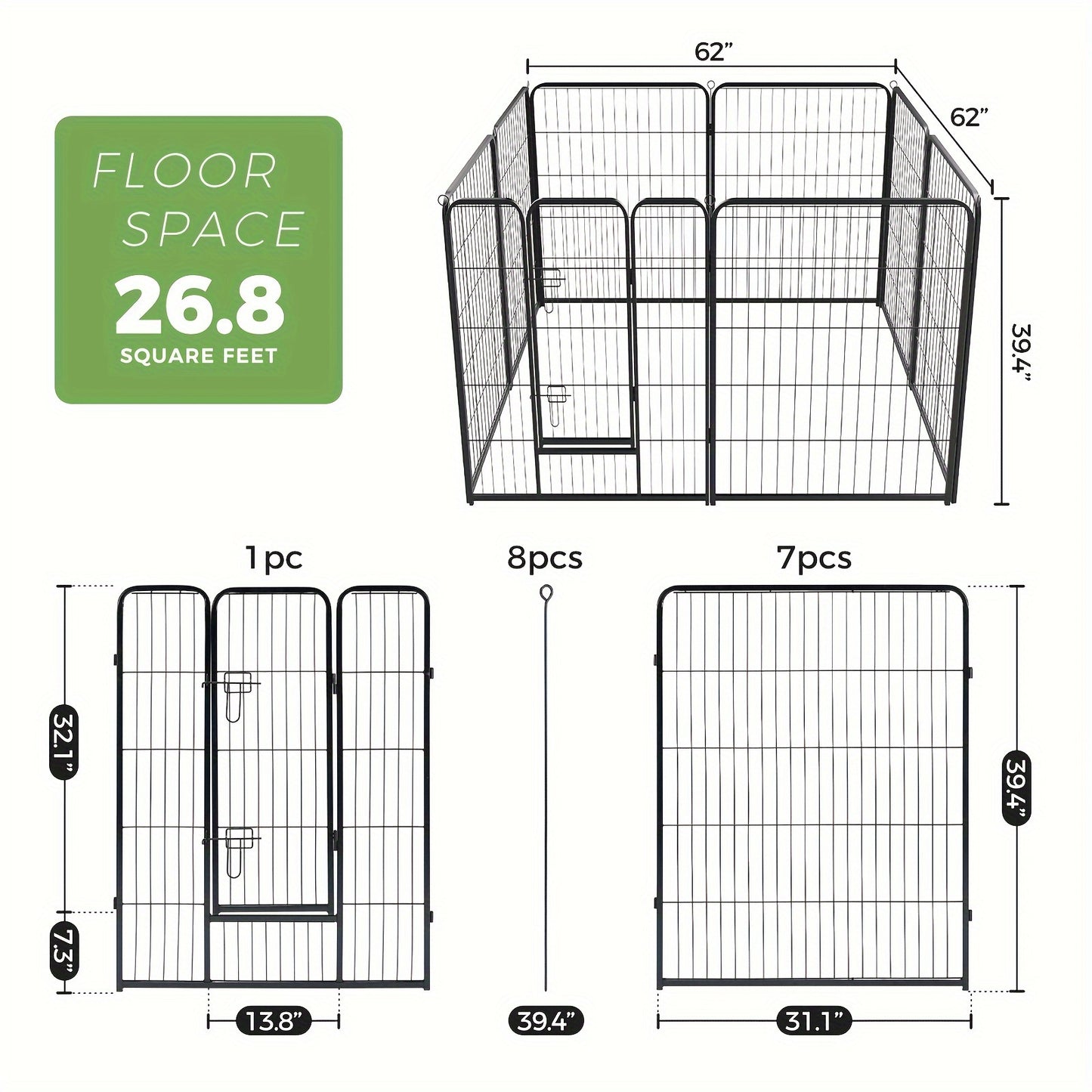 Metal Dog Playpen with Door DIY 8 or 16 Panel Foldable Pet Pen for Small Medium Large Dogs Puppies Easy Assemble Indoor Outdoor Use 24 32 40