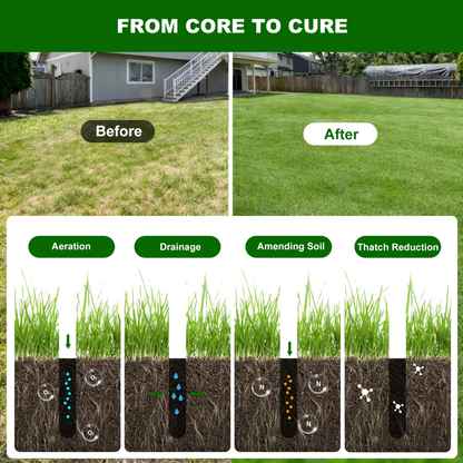 Four-Tine Manual Lawn Core Aerator in Black with T-Handle, Foot Bar and Hollow Plugging Tubes