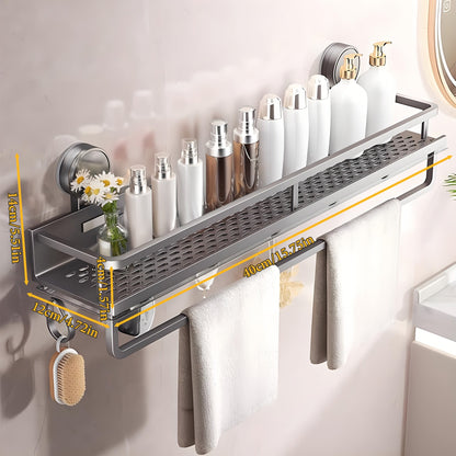 Suction Cup Shower Caddy with Towel Holder Bar, Wall-Mounted Bathroom Shelf Organizer for Shampoo Soap, Heavy-Duty Floating Shower Shelves