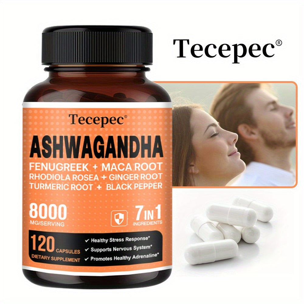 Ashwagandha Capsules 7-in-1 Adaptogen Blend 120ct with Maca Root Rhodiola Rosea Ginseng for Bath Time, Home Spa and Personal Care