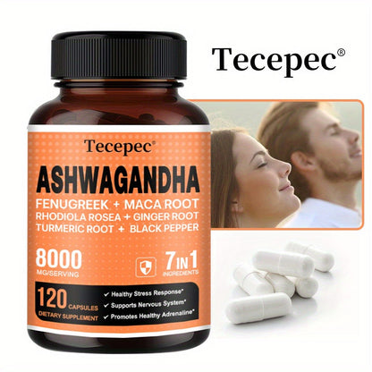 Ashwagandha Capsules 7-in-1 Adaptogen Blend 120ct with Maca Root Rhodiola Rosea Ginseng for Bath Time, Home Spa and Personal Care