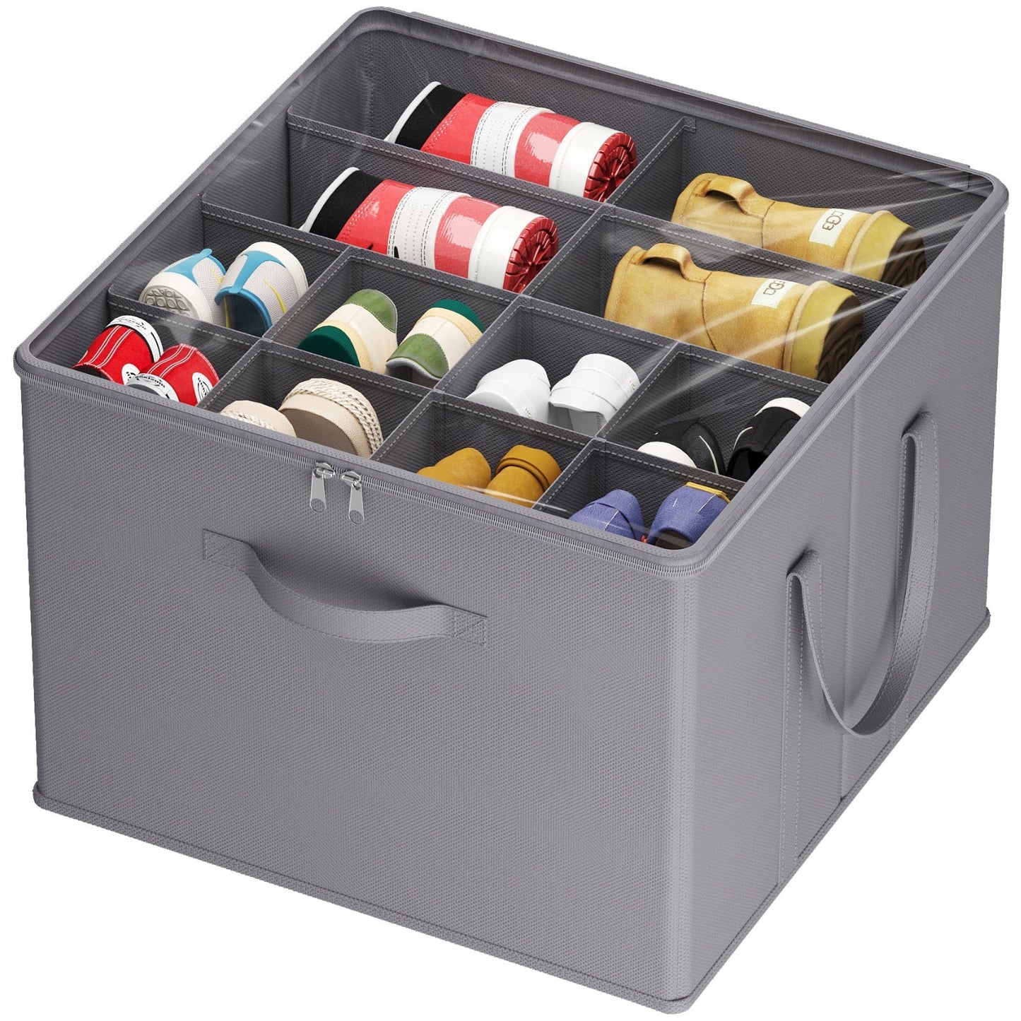 Shoe Storage Organizer with Clear Cover – Foldable Shoe Box for Closet, Fits 12-16 Pairs, Reinforced Handles, Dust-Proof Non-Woven Fabric