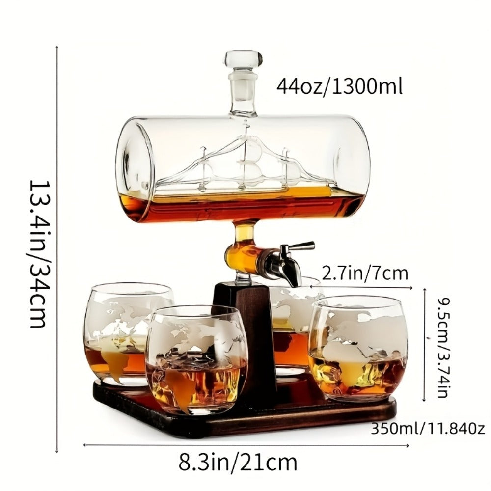 Whiskey Decanter Set with Glasses and Wooden Stand Ball Globe 28oz or Sailboat 44oz Etched for Home Cooking, Dining and Outdoor Meals