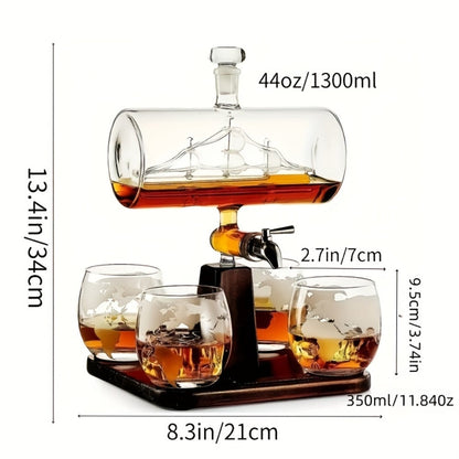 Whiskey Decanter Set with Glasses and Wooden Stand Ball Globe 28oz or Sailboat 44oz Etched for Home Cooking, Dining and Outdoor Meals