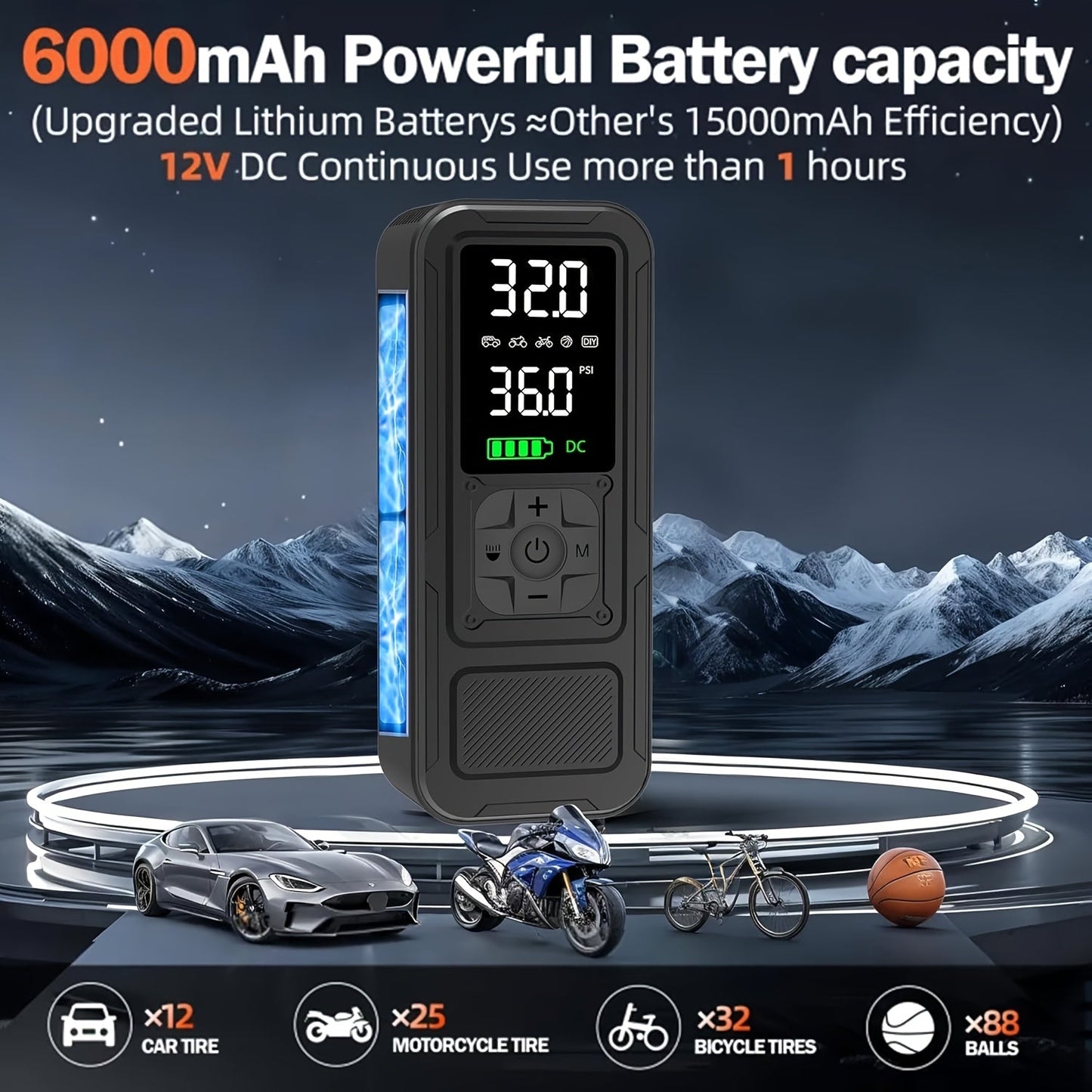 160 PSI Cordless Tire Inflator with 6000mAh Battery, Digital Pressure Display, LED Light and Nozzle Set