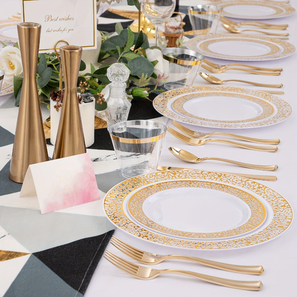 Gold Disposable Dinnerware Set for 50 Guests 350pcs, Includes Dinner Plates, Dessert Plates, 9oz Cups with Gold Rim