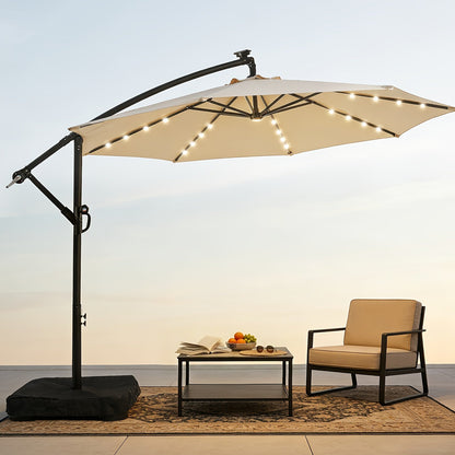 Patio Umbrella 10FT Offset Cantilever Solar LED Style with Tilt, Crank and 16 Base-Choice Color Options