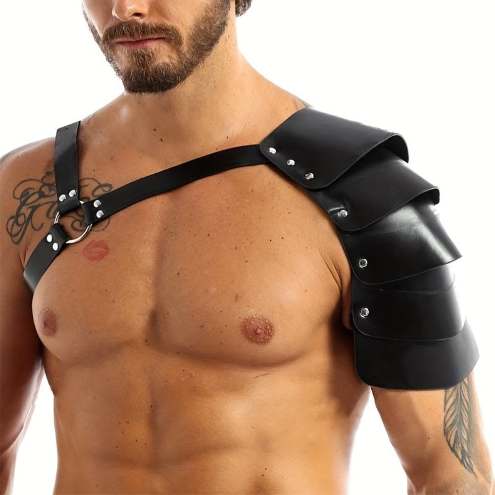 PU Leather Shoulder Armor Warrior Costume Prop with Belt for Men, Single Pauldron Medieval Knight Armor Dress Up Accessory for Halloween