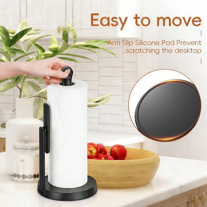 Paper Towel Holder Countertop – Stainless Steel Standing Dispenser with Tension Arm for One-Handed Tear