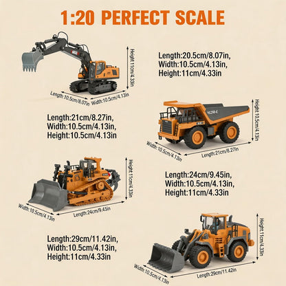 RC Excavator 1:20 Scale 2.4G 11CH, Alloy Remote Control Construction Toy with 680° Rotation & Working Arm