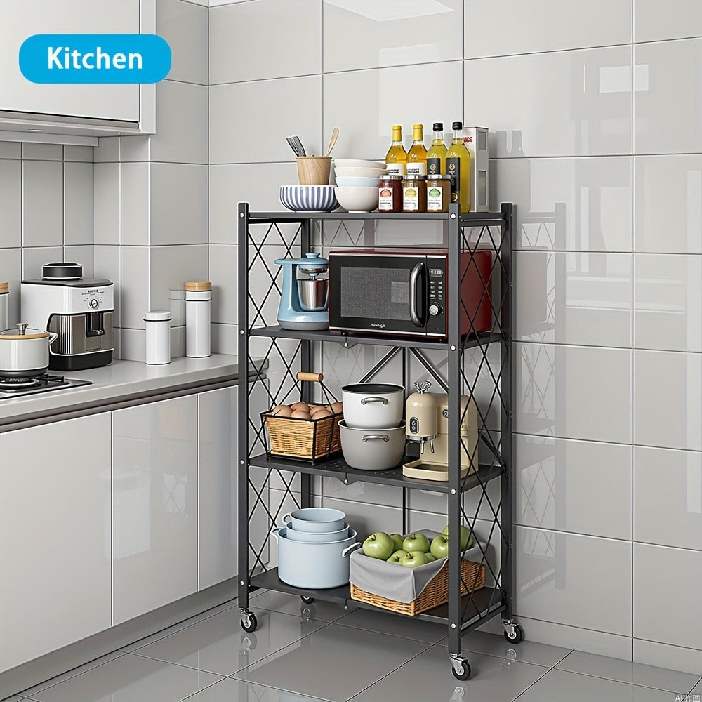 Three-to-Five-Tier Foldable Storage Rack with Carbon Steel Frame, Lockable Wheels and Three Colors