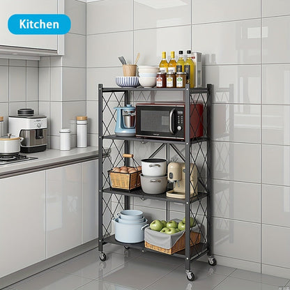 Three-to-Five-Tier Foldable Storage Rack with Carbon Steel Frame, Lockable Wheels and Three Colors