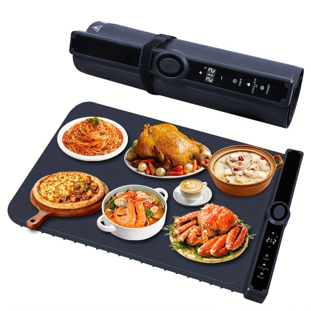 Electric Food Warming Pad Silicone 3 Temperature Levels Timer Foldable Full Surface Rapid for Home Cooking, Dining and Outdoor Meals
