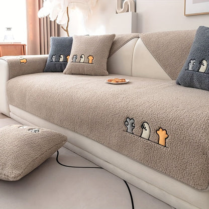 Sofa Cover Thick Plush Shearling Panels with Animal and Bone Embroidery and Backing Detail for 2 to 4 Seats