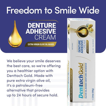Denture Adhesive Cream – Olive Oil-Based All-Day Secure Hold for Full & Partial Dentures, Zinc-Free Petroleum-Free Non-Glue Cushion Soft