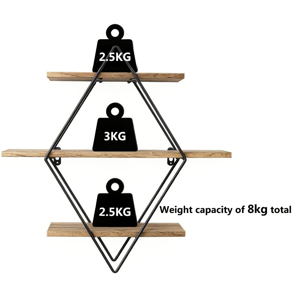 Three-Tier Diamond Wall Shelf with Dark Brown Boards, Black Wire Frame and 50 cm Pictured Height