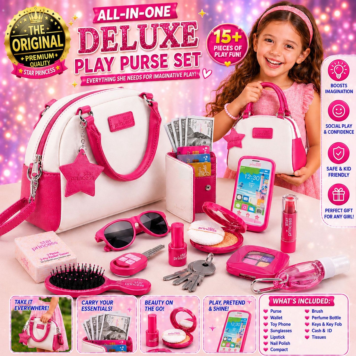Girls Pretend Play Purse Set for Kids Ages 3-8, 18+ Piece Princess Handbag with Toy Phone, Makeup