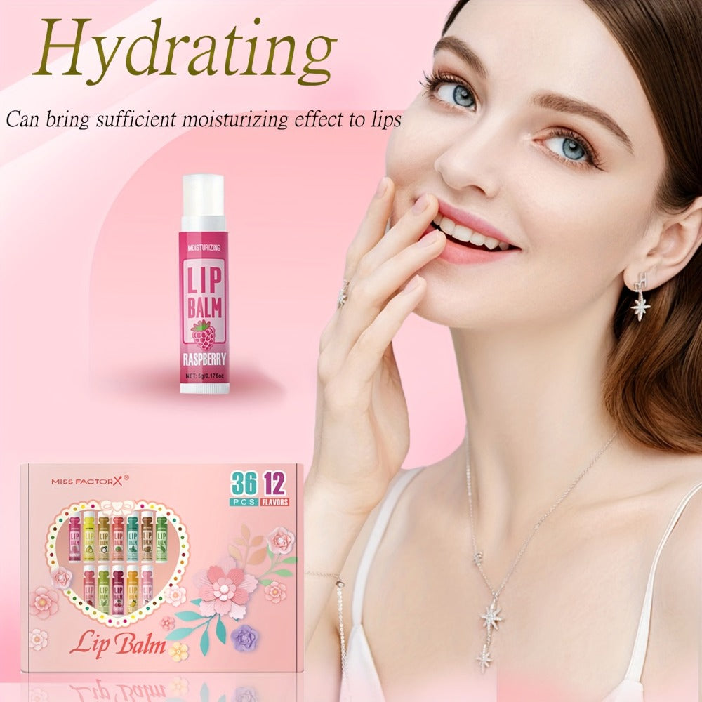 Lip Balm 36-Piece Tinted Gift Set with 12 Flavors, Glossy Finish and Colorful Tube Packaging