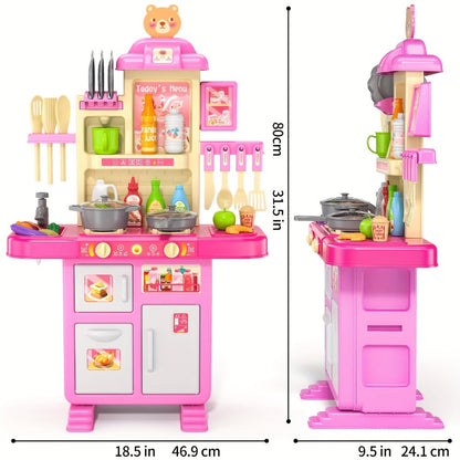 Pretend Play Kitchen Playset with Lights & Sounds, Interactive Toy Kitchen Accessories for Toddlers Ages 3+