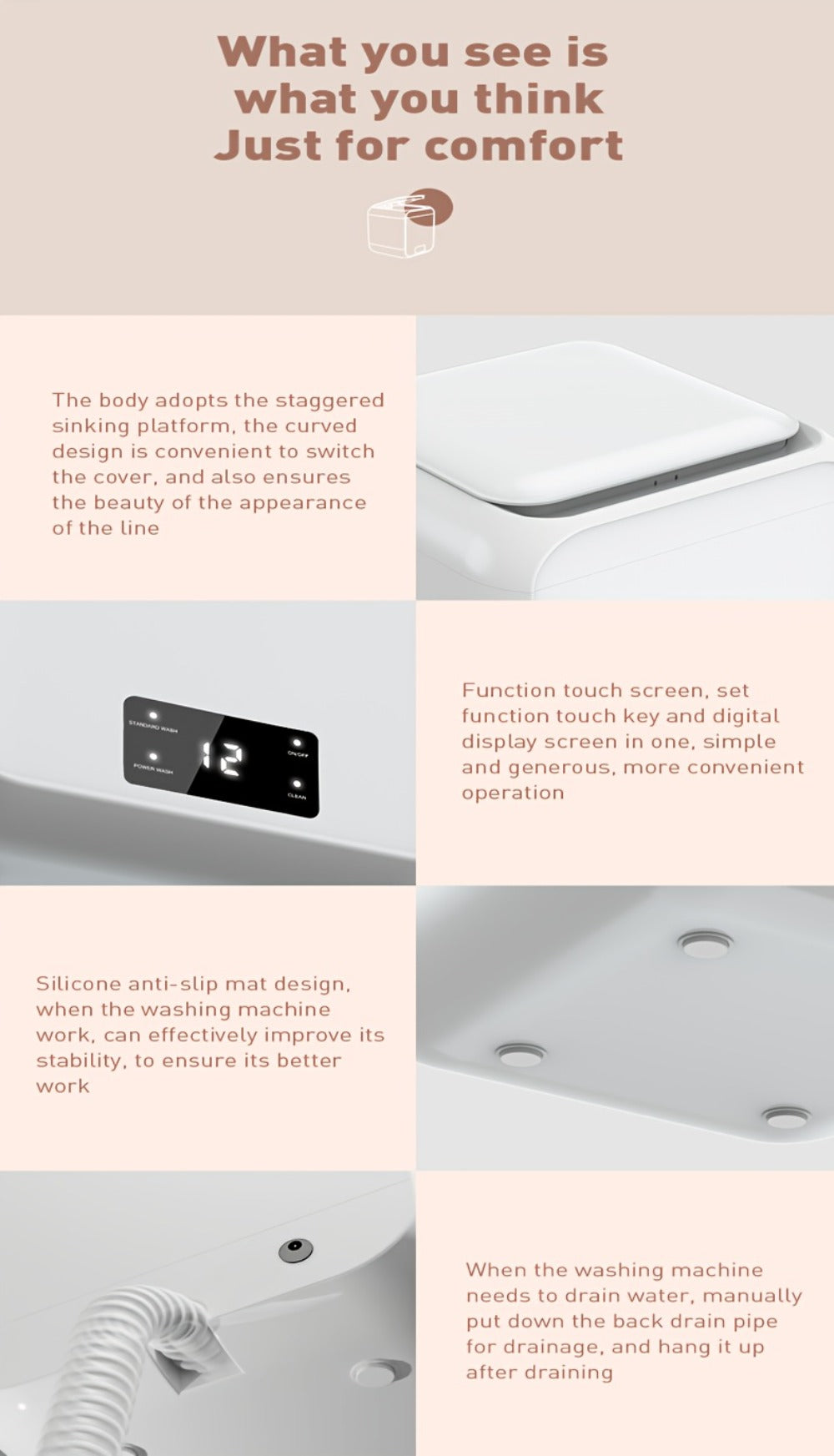 Mini Washing Machine Pure Copper Motor High Torque 4 Washing Modes Portable Washer for Entryways, Bedrooms and Living Spaces