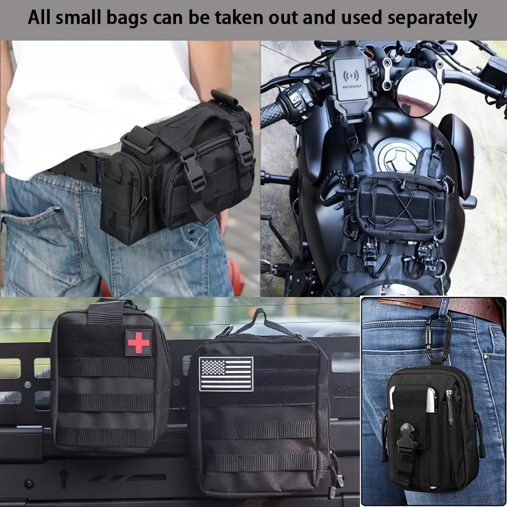 Black MOLLE-Style Seatback Car Organizer Panel with Five Detachable Pouches and Six Keychains