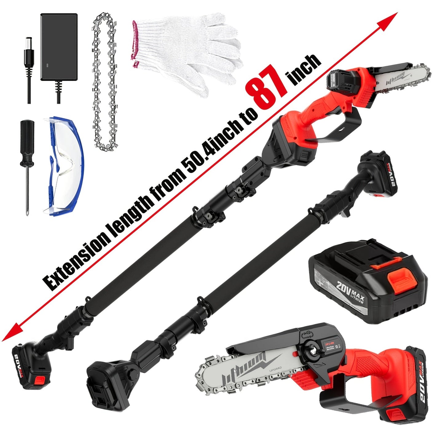 Electric Pole Saw 2-in-1 Cordless with 8" & 6" Chain, 20V 4.0Ah Battery, Adjustable Extendable Tree Pruner for Wood Cutting