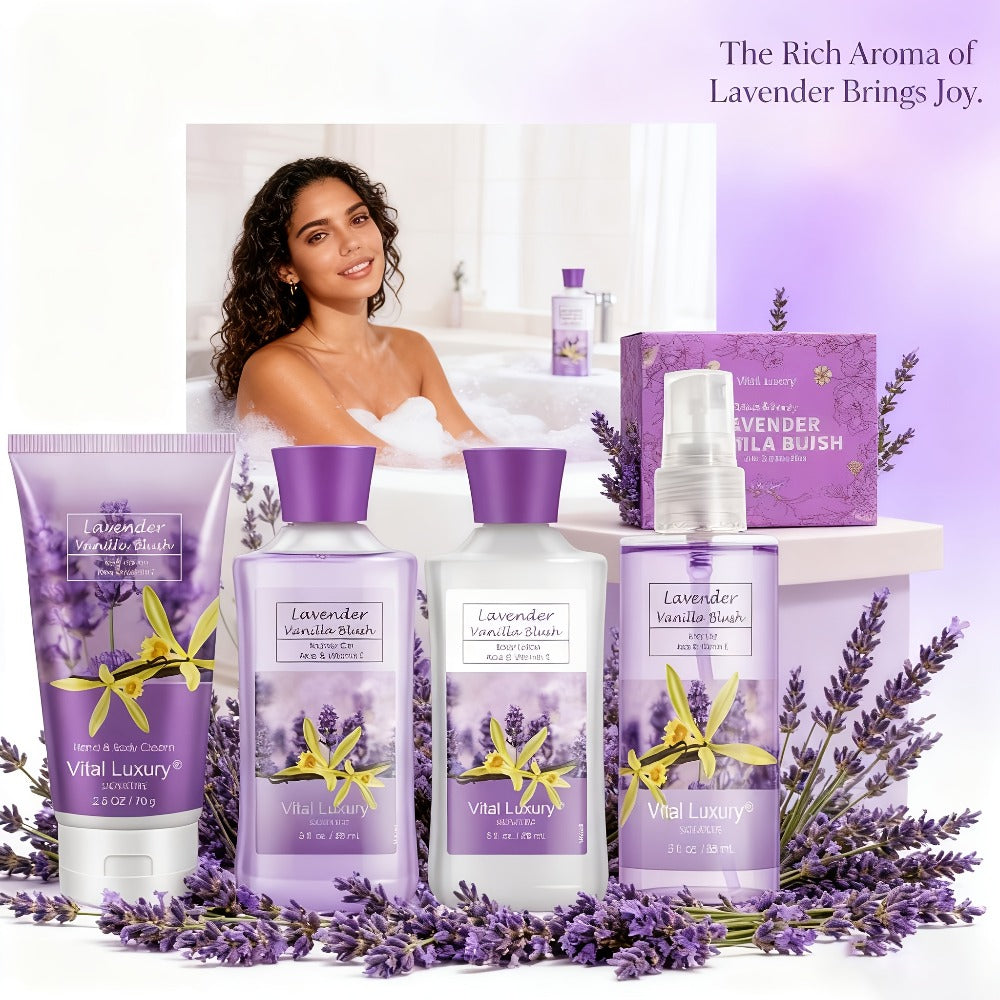 Luxury Bath Gift Set for Women 4pcs Lavender Vanilla Body Care Kit Shower Gel Body Lotion for Entryways, Bedrooms and Living Spaces