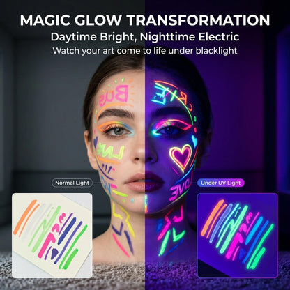 Face Body Paint Pens 18 Colors with Reusable Stencils, Washable Neon Glow in the Dark Skin-Safe Makeup Pens
