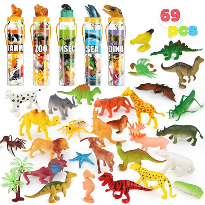 Animal Figures Toys for Kids 69pcs, 5-Set Nature World Mini Animal Figurines with Sensory Bin, Zoo