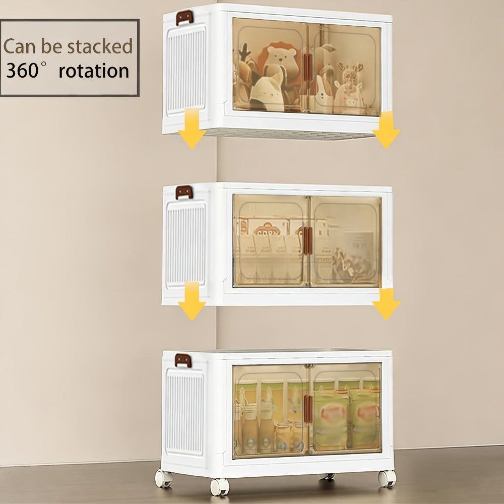 Stackable Foldable Storage Cabinet with Door, PP Plastic 1/2/3/4/5 Layer Organizer Box with Wheels & Cover