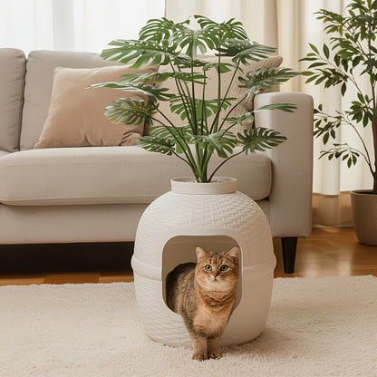 Hidden Litter Box Enclosure with Rattan Plant Design – Large Cat Litter Box Furniture, Waterproof PP, Easy Assembly