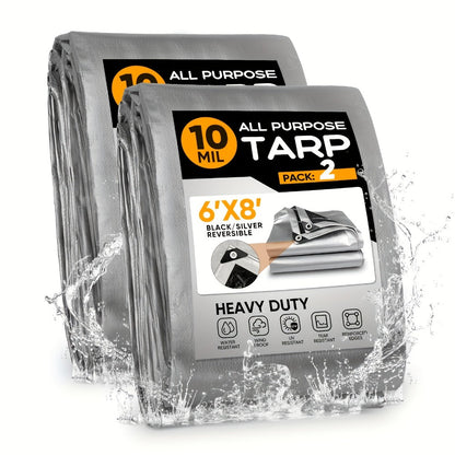 Tarp 2-Pack 10Mil 150GSM Black Silver, Tear-Proof Polyethylene Cover with Reinforced Grommets for Roof Pool Boat Car Camping & Outdoor