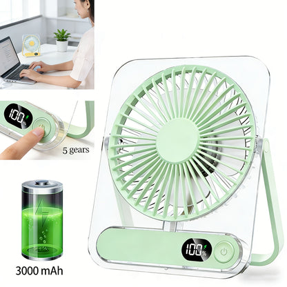 Portable USB Desktop Fan 3000mAh Battery, Ultra-Quiet 5-Speed Foldable Fan with 180° Adjustable Tilt and Digital Power Display
