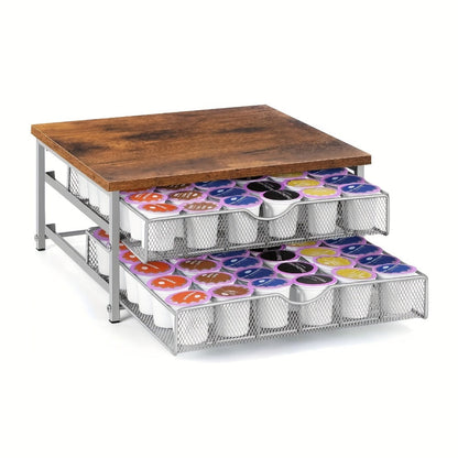 K-Cup Coffee Pod Holder 72 Capacity – 2-Tier Sliding Drawer Coffee Pod Organizer with Wood Top & Metal Frame, Non-Slip Base