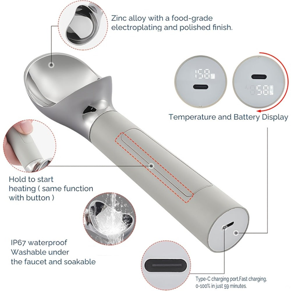 Heated Electric Ice Cream Scoop, USB-C Rechargeable with 3 Temperature Levels up to 158°F, Touch-Activated