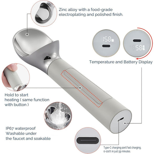 Heated Electric Ice Cream Scoop, USB-C Rechargeable with 3 Temperature Levels up to 158°F, Touch-Activated