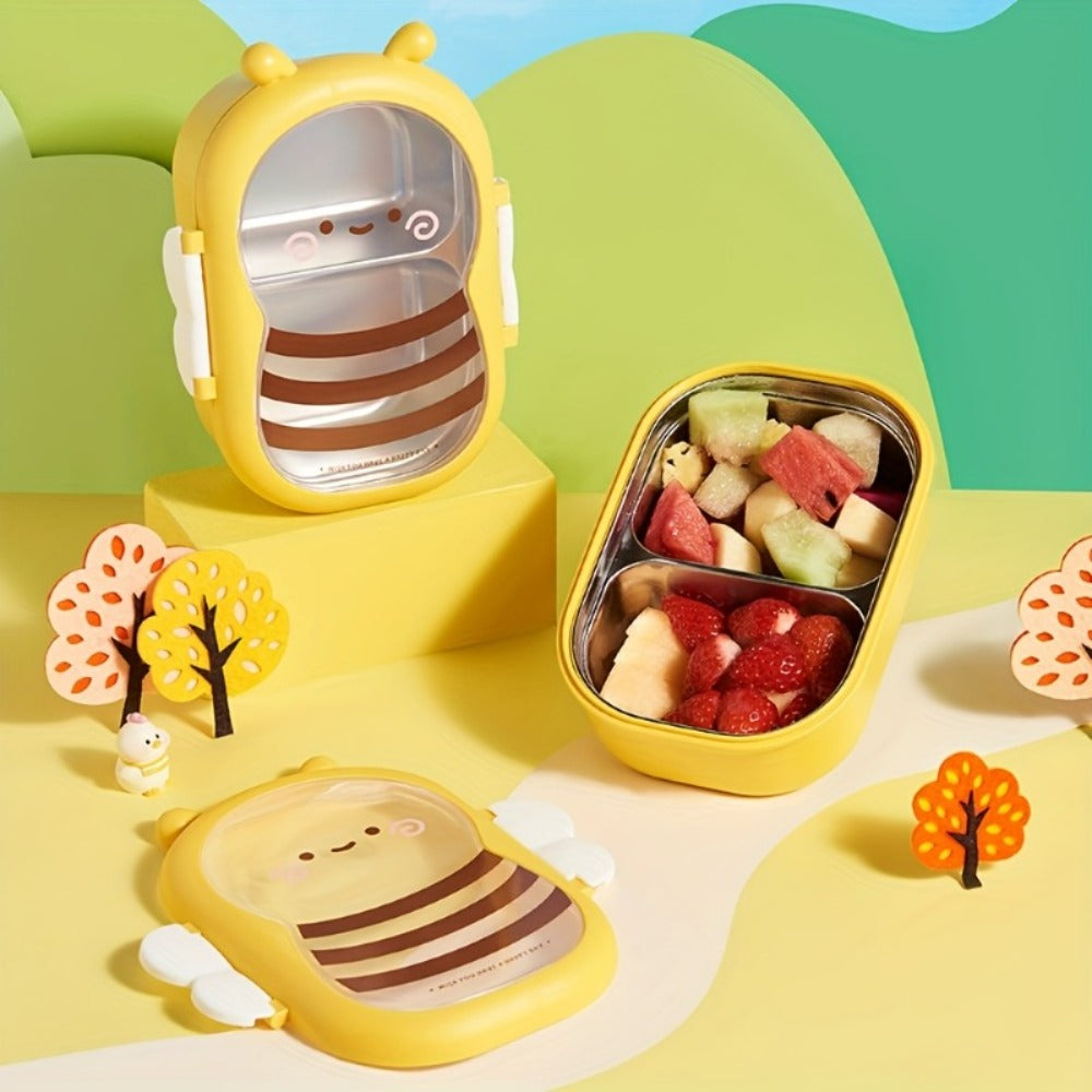 Cute Bee Lunch Box Stainless Steel, 304 Food Grade 2-Compartment Bento Box with Bee-Themed Lid for Kids