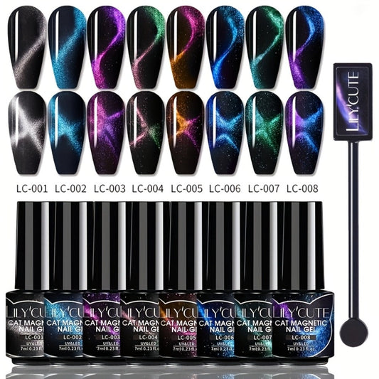 Gel Nail Polish 8-Piece Aurora Magnetic Cat-Eye Set with Black-Crystal Glitter and 3D Light-Shifting Finish for UV/LED Cure