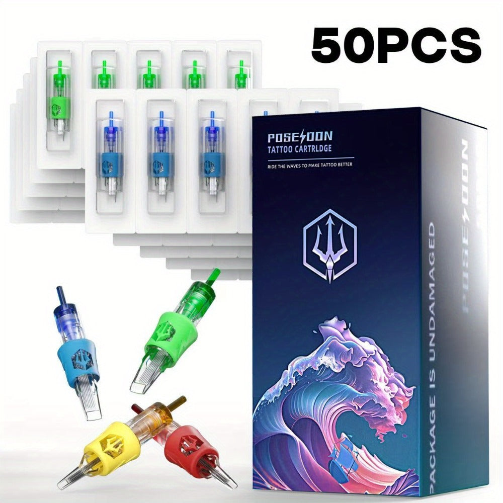 Tattoo Cartridge Needles with POSEIDON V4 Label, 50-Piece Mixed RL RS RM and Magnum Assortment
