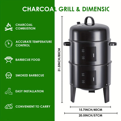 Charcoal Smoker Grill 16 Inch Vertical 3-Tier with Easy Temperature Control for Grilling, Camping and Outdoor Meals