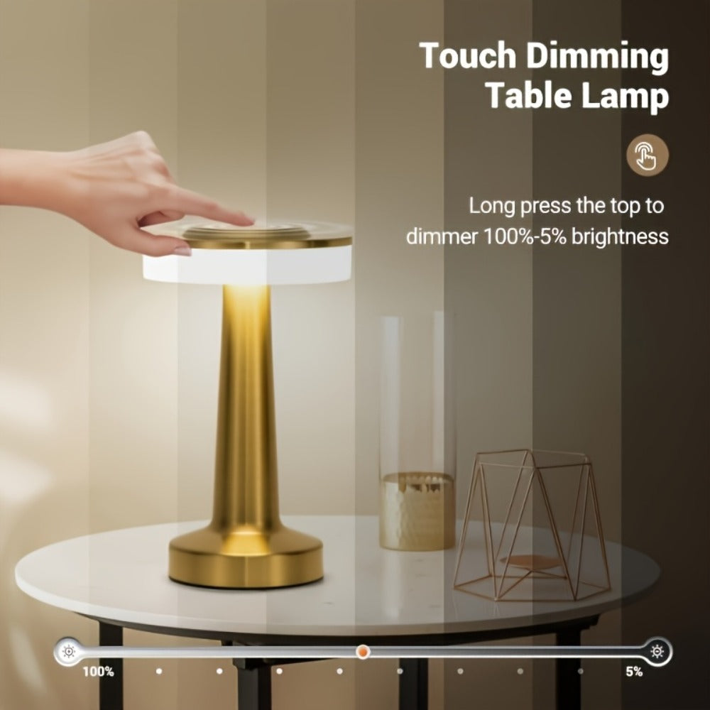 Table Lamp with Gold Metal Body, Rechargeable Battery, Touch Dimming and Three Color Temperatures