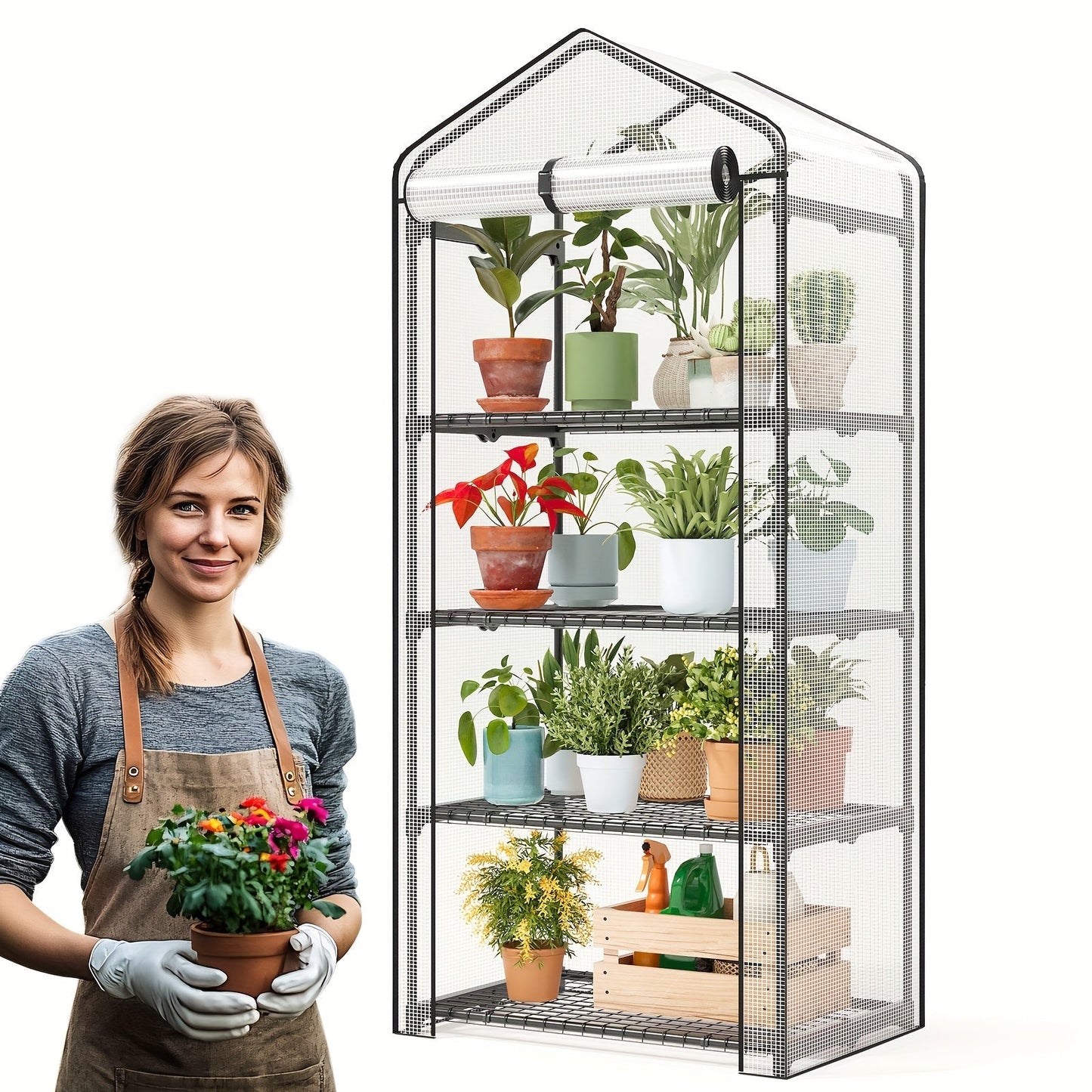Tiered Greenhouse Shelves 3/4-Tier Portable Mini Plant Greenhouse with PE Cover & Aluminum Frame, Indoor Outdoor Warm House for Seedlings
