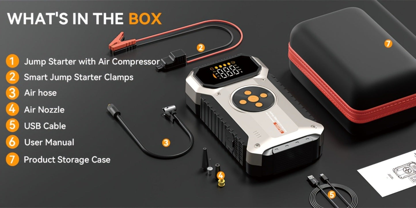 5000A Peak Jump Starter with Air Compressor 150PSI Digital Tire Inflator for 12V Gas Diesel Vehicles – Portable Car Battery Booster USB